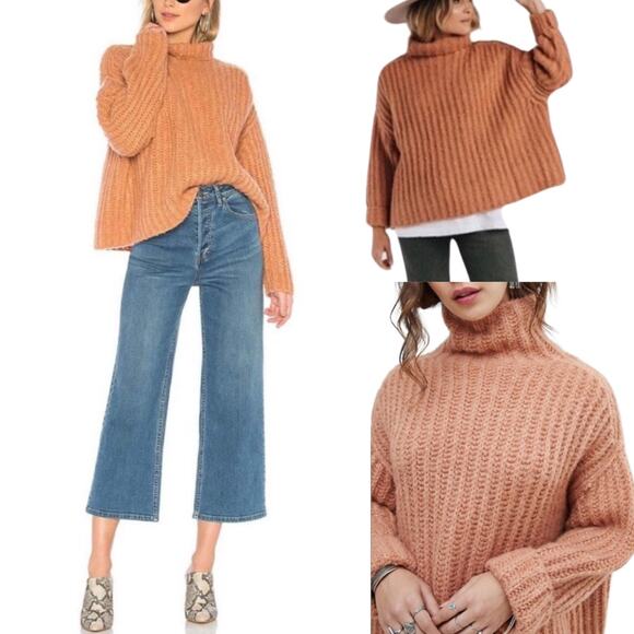 FREE PEOPLE CHUNKY ALPACA WOOL BLEND TURTLENECK SWEATER PAPAYA ORANGE KNIT COZY - Picture 3 of 12